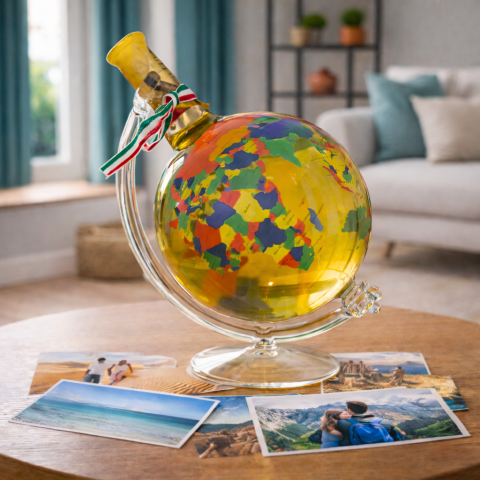 Vino in bottiglia decorativa a forma di mappamondo colorato – grande (0,75 l)