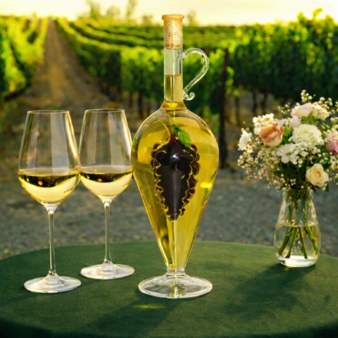 Caraffa decorativa con grappolo d’uva interno riempito di vino rosso (0,5 l)